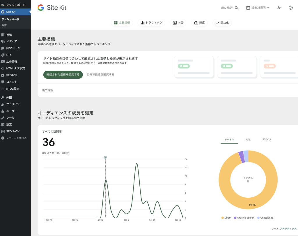Site Kit メニューが追加されたWordPress管理画面